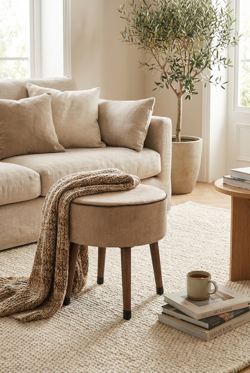 Puf Koltuk Tabure - Kahve Fitilli - Ahşap Ayaklı