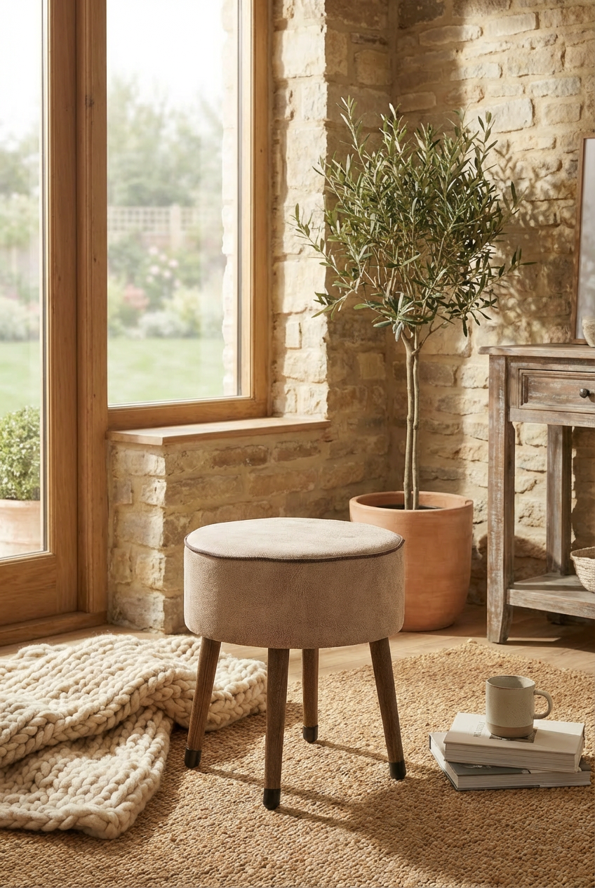 Puf Koltuk Tabure - Kahve Fitilli - Ahşap Ayaklı