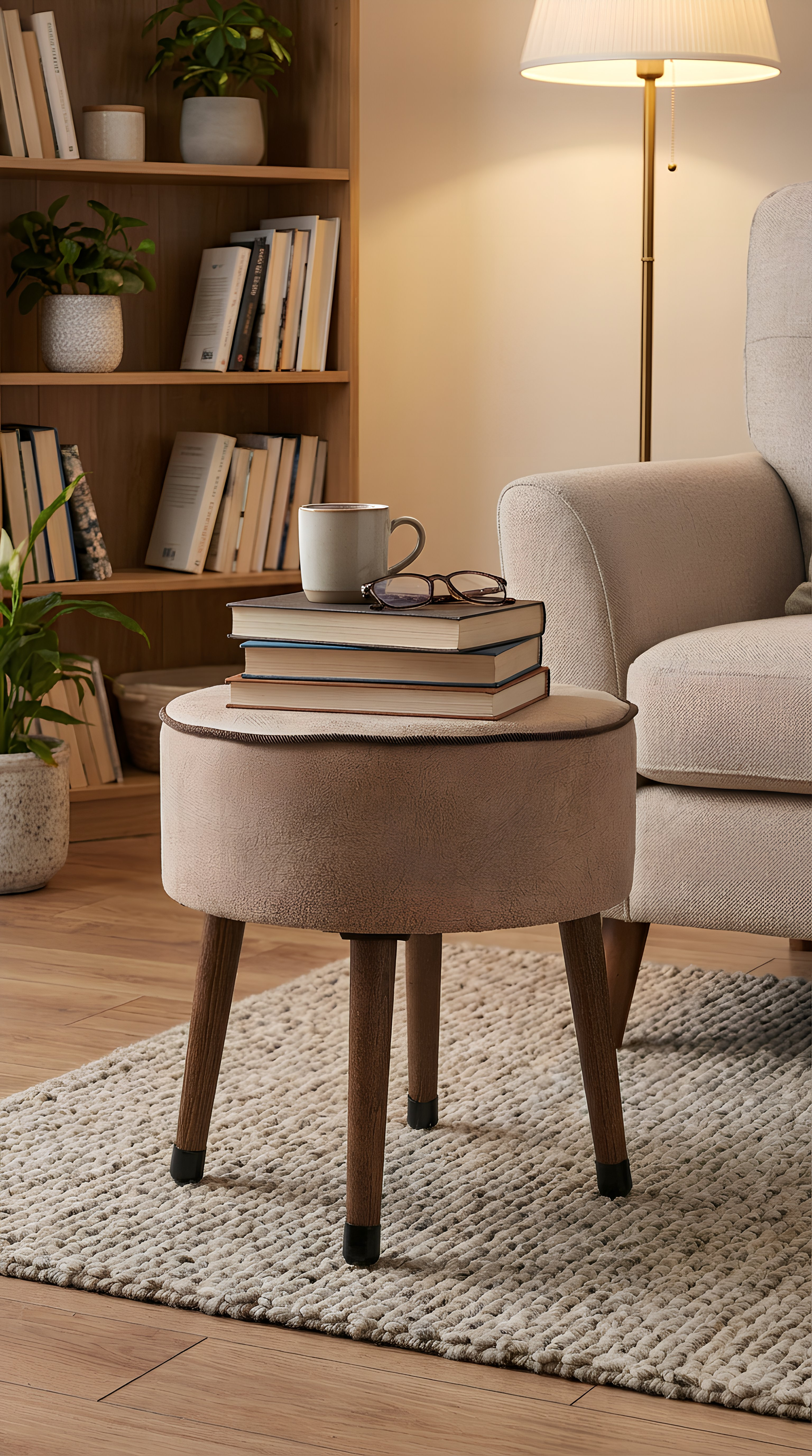 Puf Koltuk Tabure - Kahve Fitilli - Ahşap Ayaklı