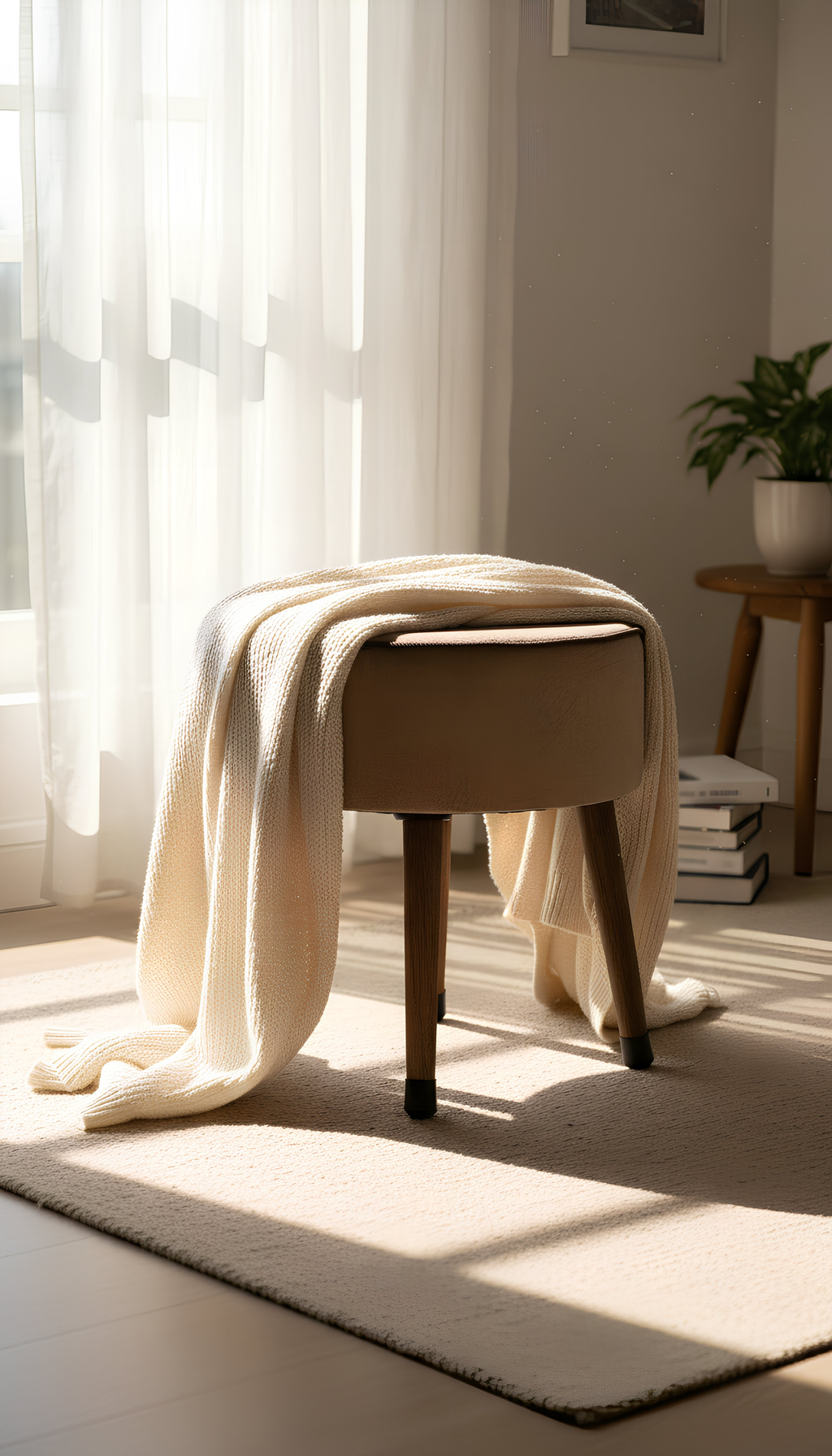 Puf Koltuk Tabure - Kahve Fitilli - Ahşap Ayaklı