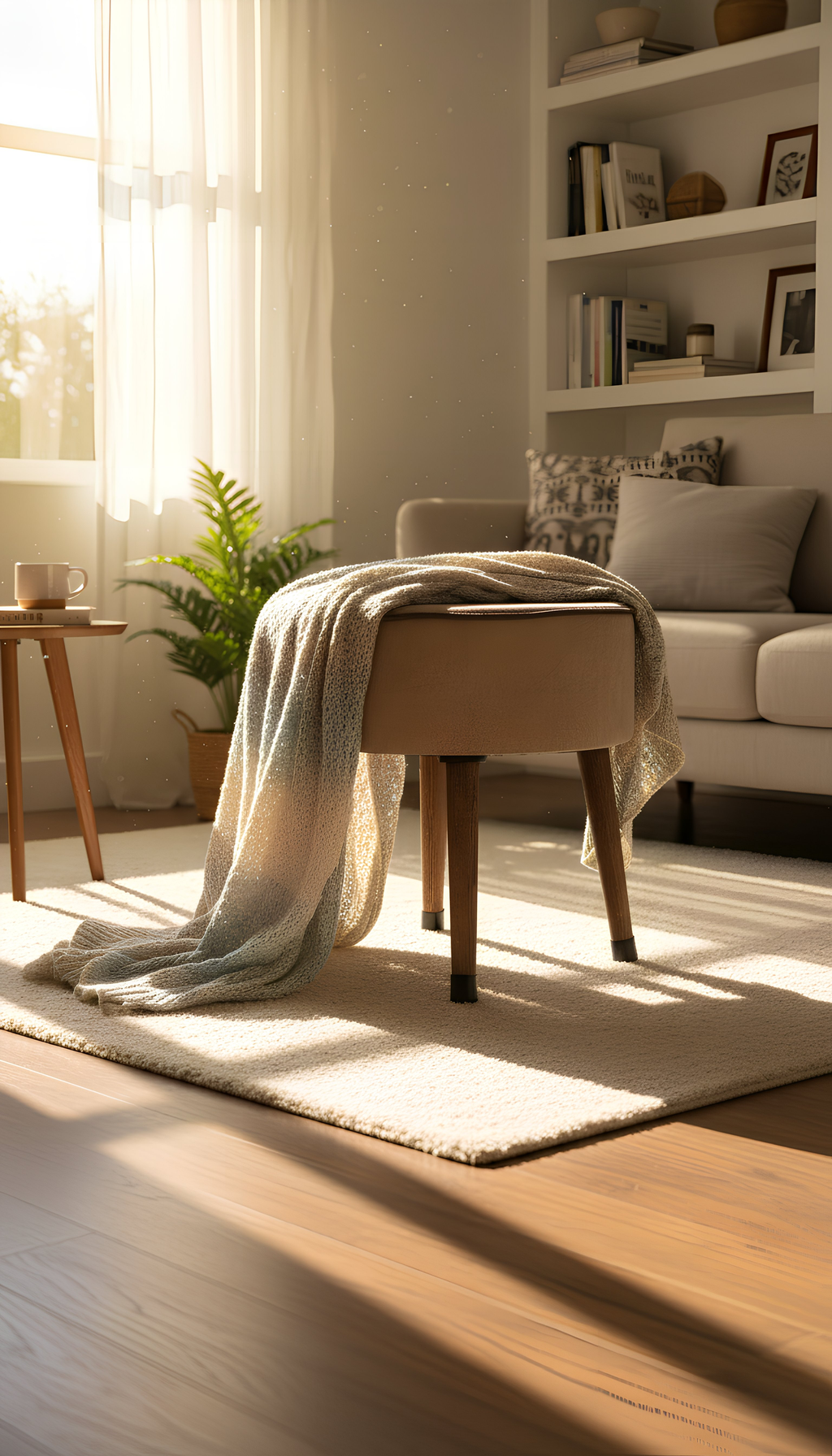 Puf Koltuk Tabure - Kahve Fitilli - Ahşap Ayaklı